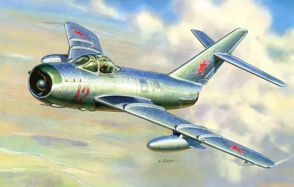 Картинка самолет, истребитель, арт, реактивный, ОКБ, советский, разработанный, Микояна