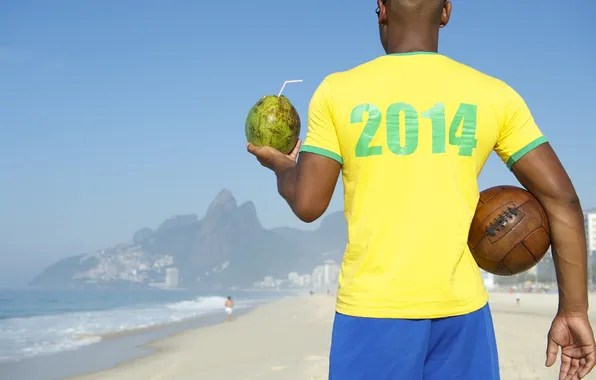 Картинка пляж, мяч, кокос, футболка, Бразилия, football, кубок мира, World Cup