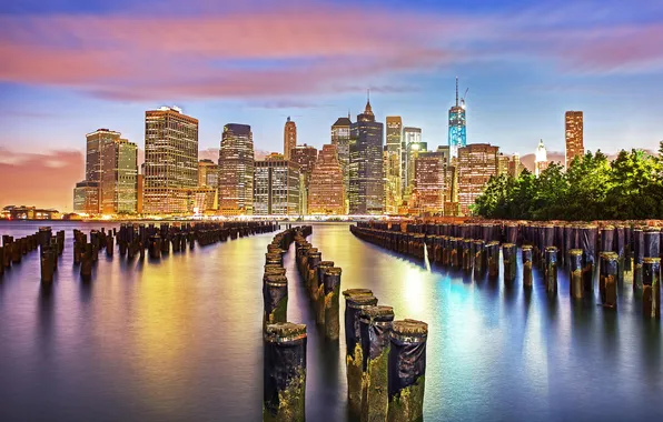 Картинка город, огни, рассвет, небоскребы, USA, америка, сша, New York City