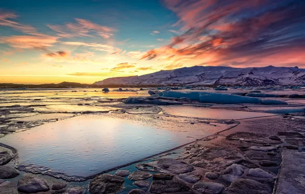 Зима, снег, природа, рассвет, Iceland, Jokulsarlon