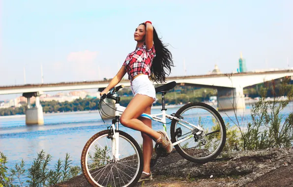 Девушка, солнце, пейзаж, мост, велосипед, река, модель, шорты