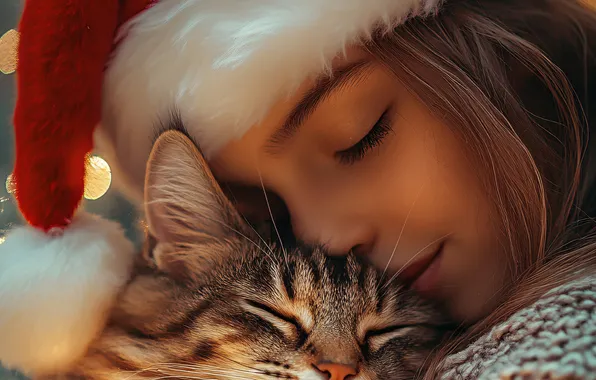 Кошка, кот, девушка, огни, Рождество, девочка, Новый год, Снегурочка