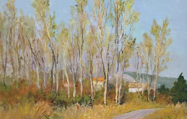 Картинка деревья, пейзаж, горы, дома, картина, Марсель Диф, Countryside in Provence