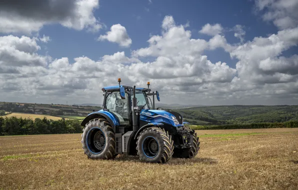 Картинка Тучи, Поля, Сельское хозяйство, Трактор, New Holland, Agriculture, Новая Голландия, Прототип трактора