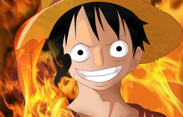 Улыбка, огонь, шляпа, парень, One Piece