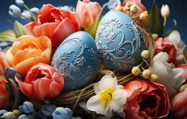 Цветы, праздник, яркие, яйца, весна, голубые, Пасха, гнездо