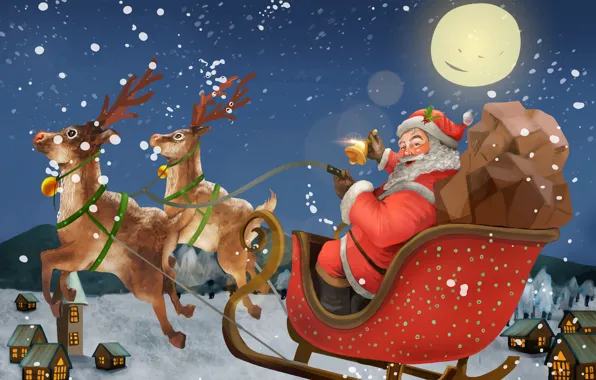Картинка Зима, Ночь, Луна, Рождество, Новый год, Санта Клаус, Олени, Колокольчик