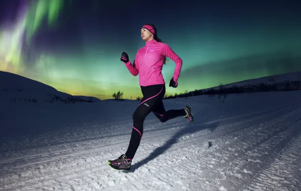 Картинка зима, девушка, природа, спорт, вечер, бег, Pink Dress, ASICS dark pic
