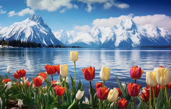 Цветы, весна, colorful, тюльпаны, red, sunshine, landscape, nature