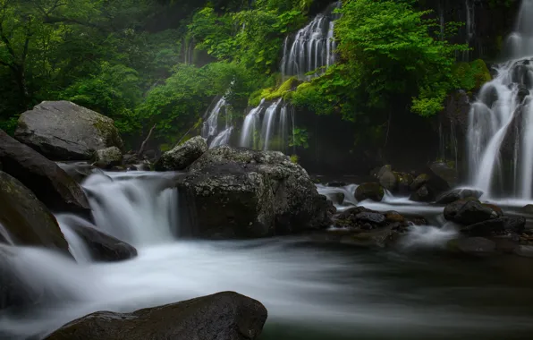 Картинка зелень, лето, деревья, ветки, камни, листва, водопад, каскад