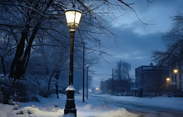 Картинка зима, снег, ночь, улица, фонари, night, winter, snow