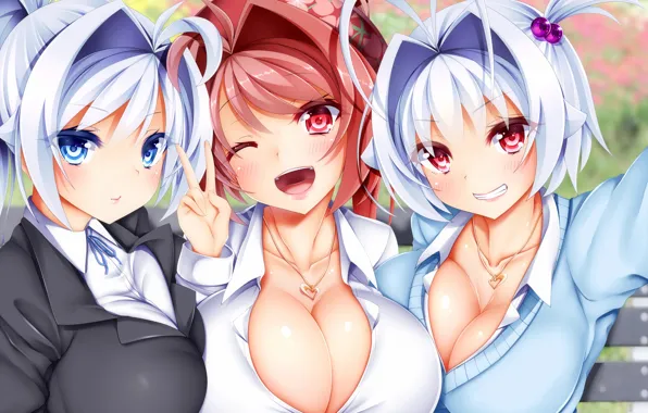 Sexy, cleavage, red hair, girls, boobs, anime, blue eyes, beautiful