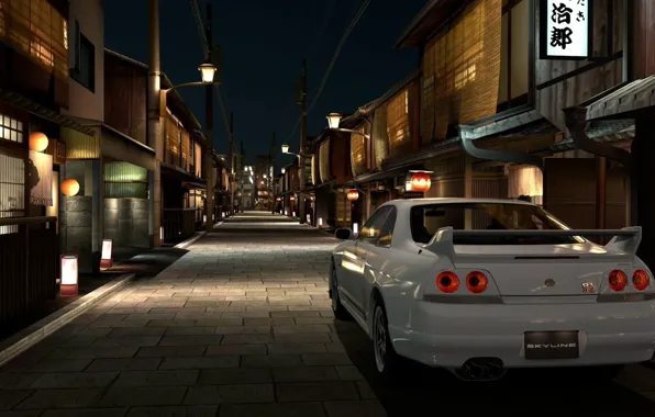 Обои Белый, Ночь, Город, Япония, Nissan, Gran Turismo 5, Skyline.