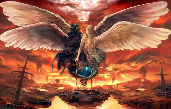 Огонь, Ангел, Меч, Крылья, Рай, Демон, Fantasy, Мечи