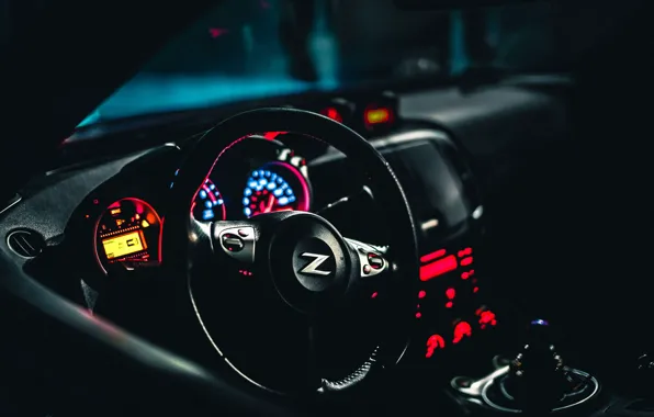 Ночь, интерьер, руль, Nissan, салон, 370Z, Nissan 370Z GT