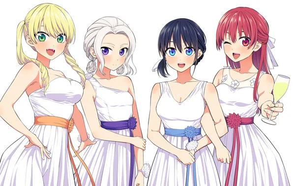 Cleavage, red hair, green eyes, long hair, dress, girls, boobs, anime