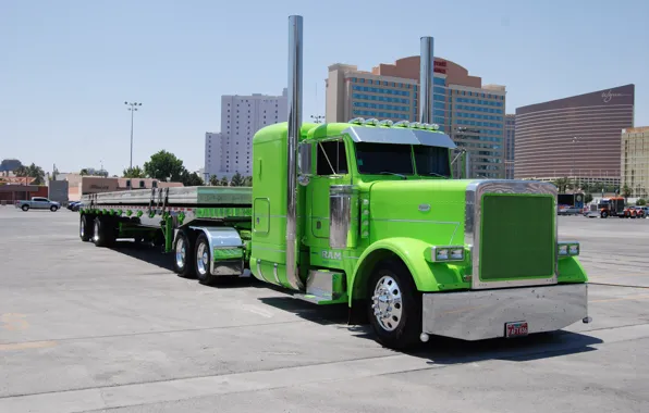 Green, Truck, Peterbilt, Tractor Truck, Flatbed Trailer, RAM