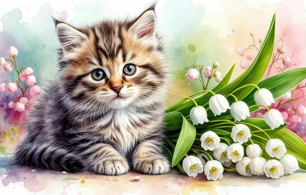 Animals, kitten, flowers