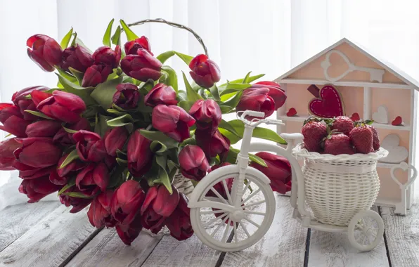Любовь, букет, клубника, сердечки, тюльпаны, красные, red, love