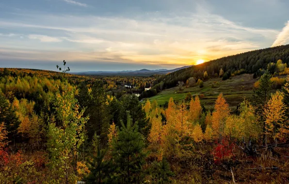 Картинка Nature, river, sky, trees, landscape, sunset, mountains, clouds