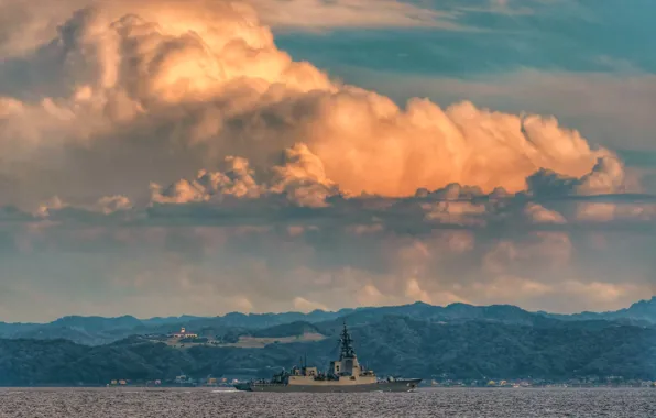 Море, осень, облака, берег, эсминец, проливы