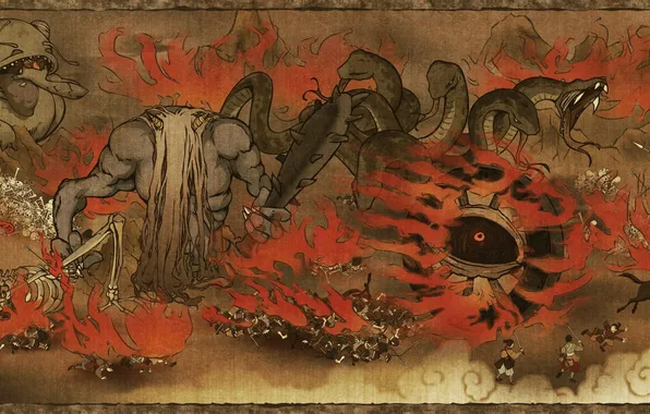 Картинка картина, бой, монстры, Kajiri Kamui Kagura