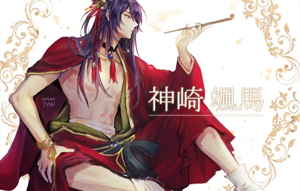 Узор, иероглифы, носки, мундштук, парень, длинные волосы, в профиль, Ensemble Stars!