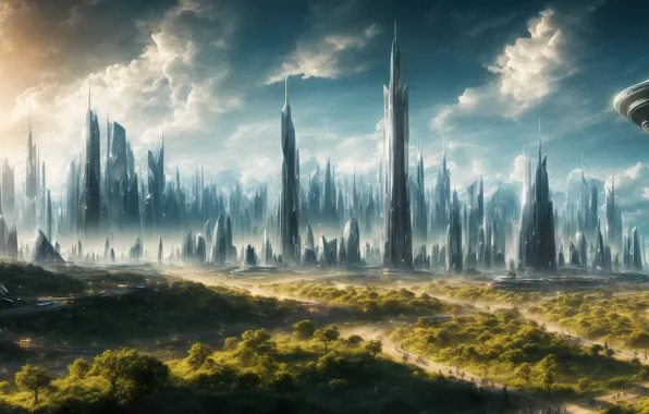 City, future, landscape, art, fantastic, digital art, Futuristic, utopia