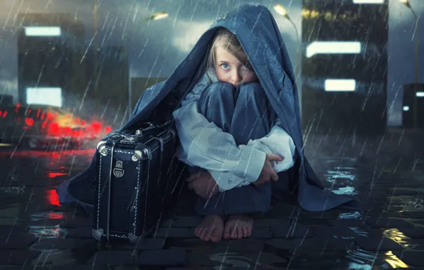 Дождь, улица, девочка, чемодан, Left behind
