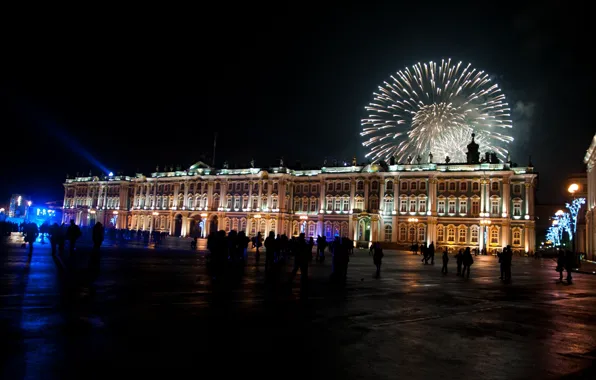 Ночь, новый год, салют, Санкт-Петербург, зимний дворец