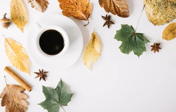 Осень, листья, фон, дерево, кофе, colorful, чашка, wood