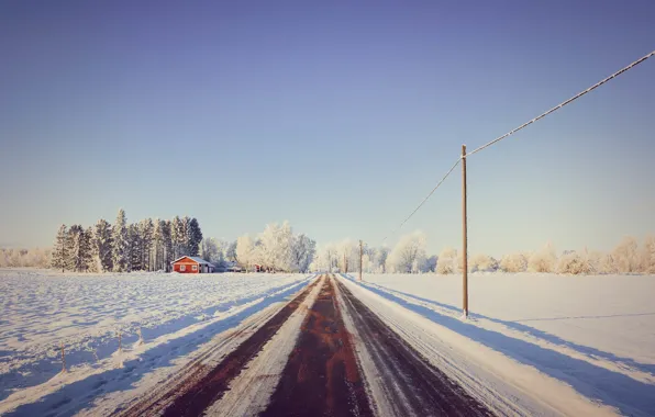 Дорога, снег, деревья, дом, house, road, trees, snow