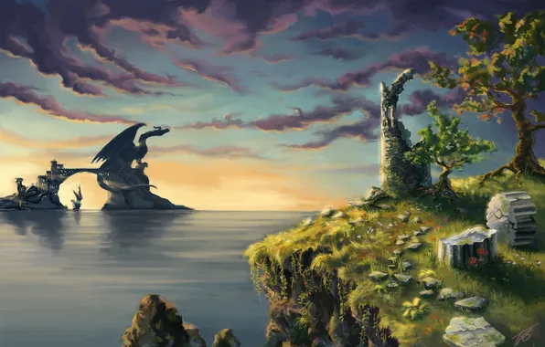 Картинка море, замок, скалы, дракон, арт, арка, руины, колонна