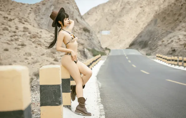 Asian, twintails, model, women, boots, cowgirl, women outdoors, cowboy hat