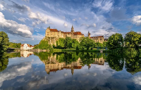Небо, облака, природа, озеро, отражение, замок, Германия, Germany