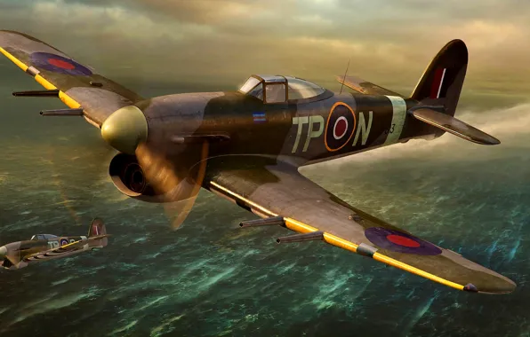 Картинка British, истребитель-бомбардировщик, artwork, поршневой, Typhoon, Royal Air Force, Hawker, WWII