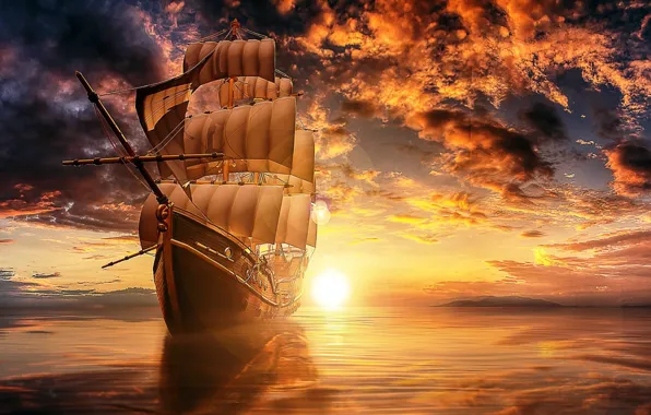 Картинка море, облака, свет, закат, отражение, рендеринг, корабль, парусник