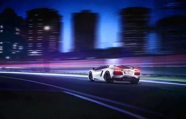 Картинка белый, город, Lamborghini, white, небоскрёбы, ламборджини, rear, Aventador