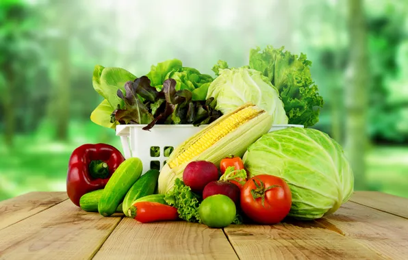 Зелень, стол, фон, корзина, кукуруза, перец, овощи, помидоры