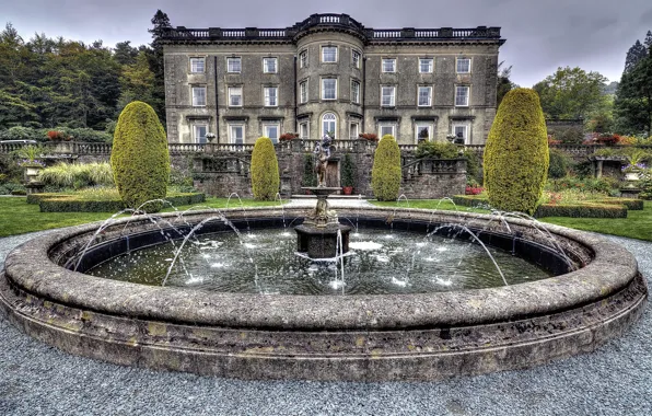 Деревья, дизайн, Великобритания, фонтан, особняк, кусты, дворец, Cumbria