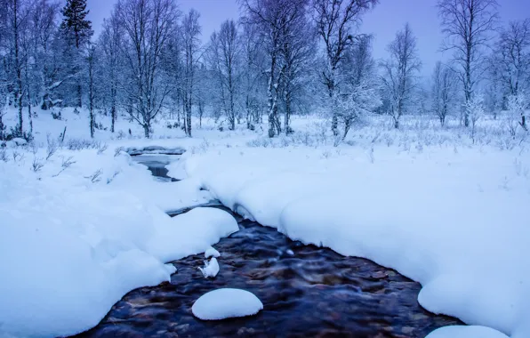 Картинка зима, снег, деревья, сугробы, речка, Финляндия, Finland, Lapland