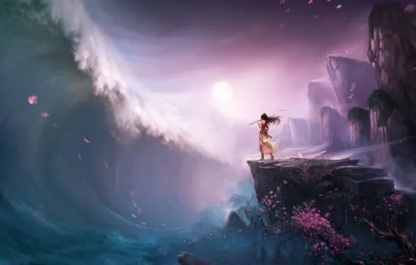 Картинка девушка, дерево, скалы, волна, лепестки, сакура, цунами, арт
