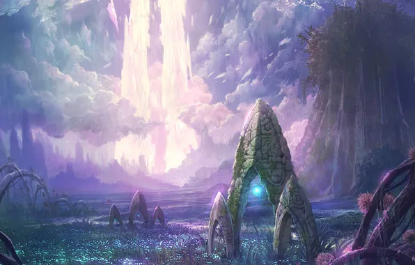 Картинка трава, облака, камни, магия, долина, монолиты