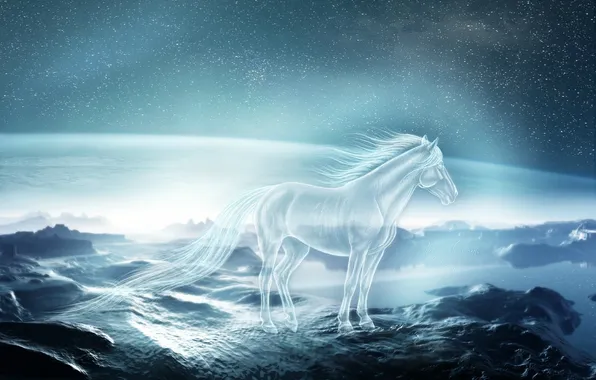 Картинка небо, взгляд, звезды, фантастика, лошадь, арт, грива, призрак