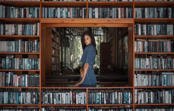 Девушка, beautiful, model, brunette, books, red lipstick, blue dress, bookstore