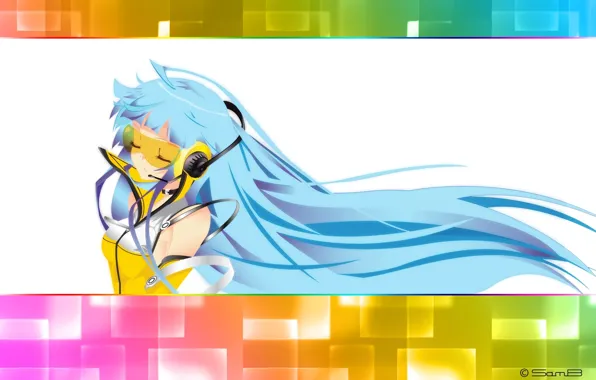 Наушники, очки, воротник, Hatsune Miku, длинные волосы, vokaloid, закрытые глаза