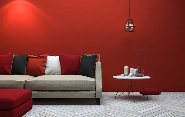 Картинка дизайн, стиль, лампа, интерьер, подушки, софа, гостиная, красный цвет в интерьере