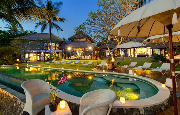 Пальмы, вечер, бассейн, освещение, Бали, курорт, Bali, villa Sungai Tinggi