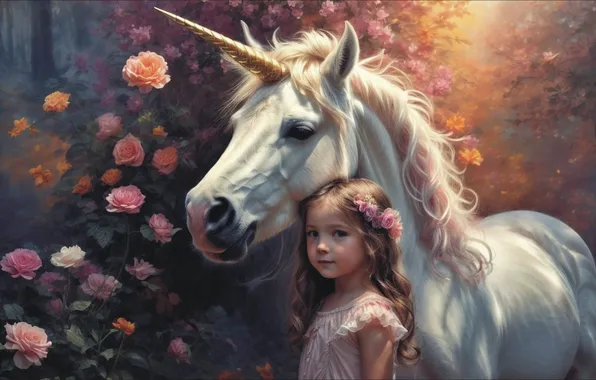 Фантастика, пара, единорог, девочка, ART, АРТ, two, unicorn