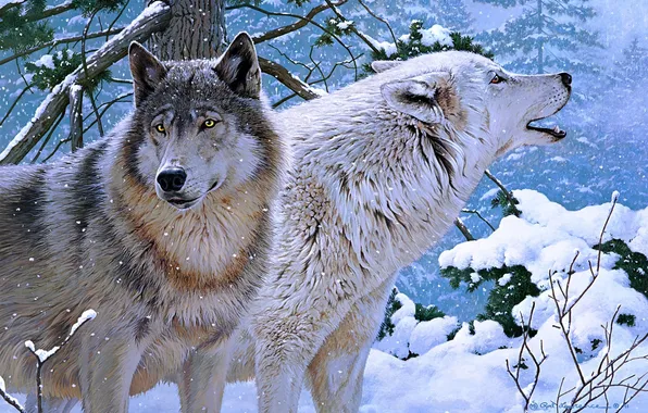 Картинка зима, волки, живопись, Rod Lawrence